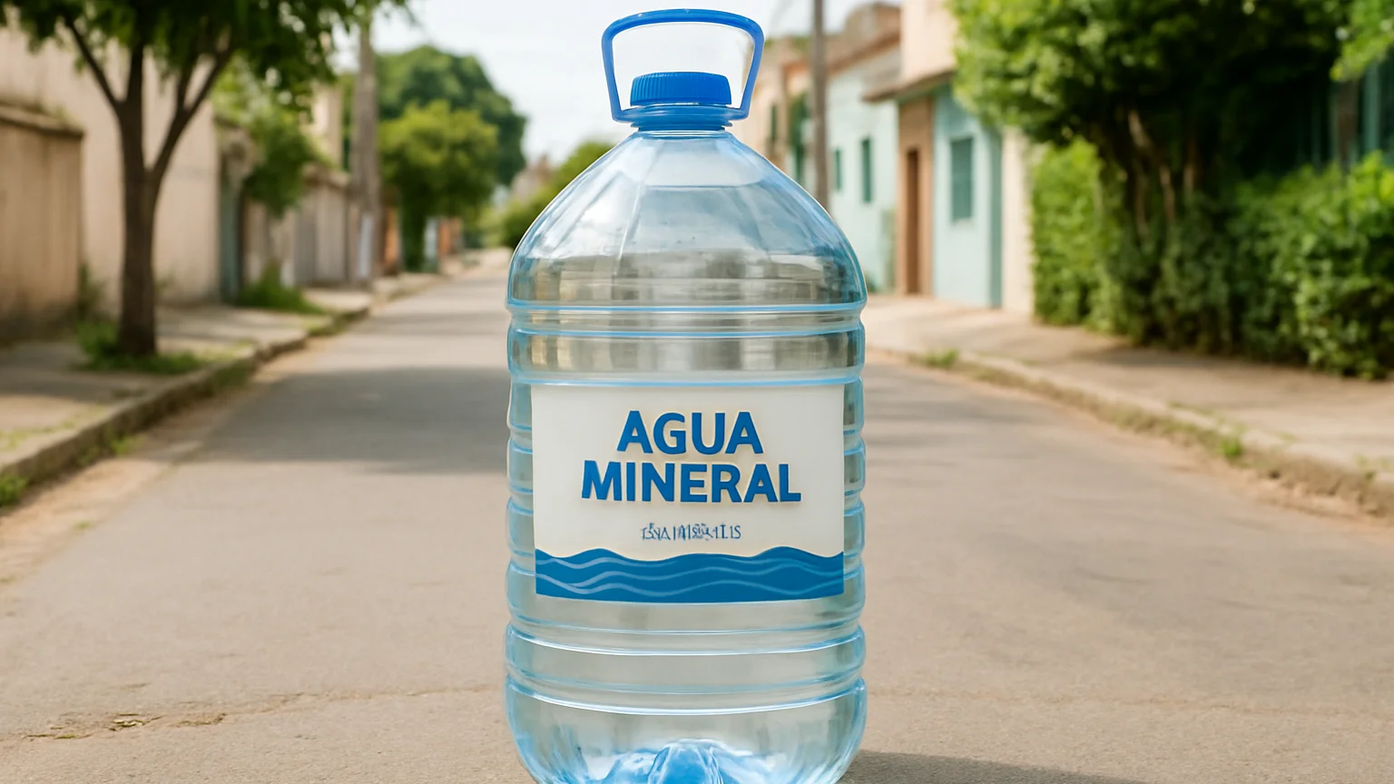 Galão de 6 L de água mineral em ambiente urbano brasileiro, luz forte e difusa, branco limpo com detalhes em azul água,