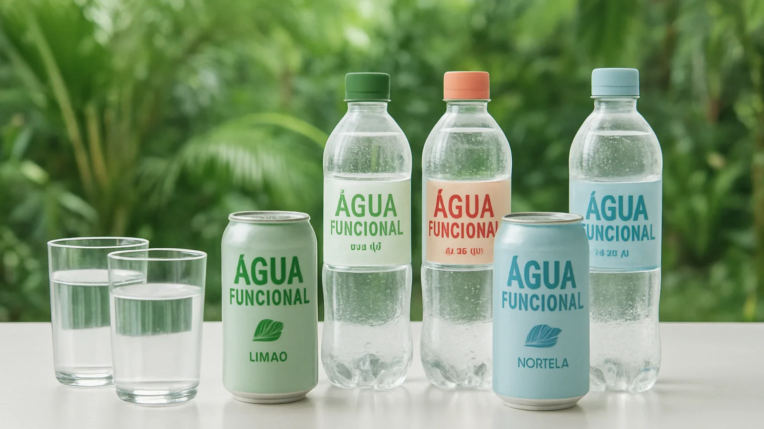 Copos e garrafas de água saborizada funcional sobre bancada clara, reflexos controlados, tons de verde suave e azul água